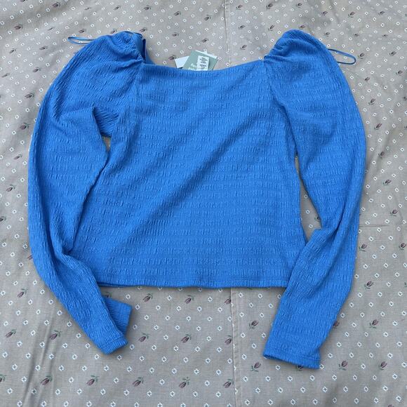H&M Shirt Womens Small Blue Puff Sleeve Textured Long Sleeve Square Neck NWT - Picture 4 of 7